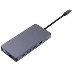 Adapteris USB Type-C - 2x HDMI, VGA, LAN, 3x USB Type-A, SD, TF, USB Type-C PD100W, Aux
