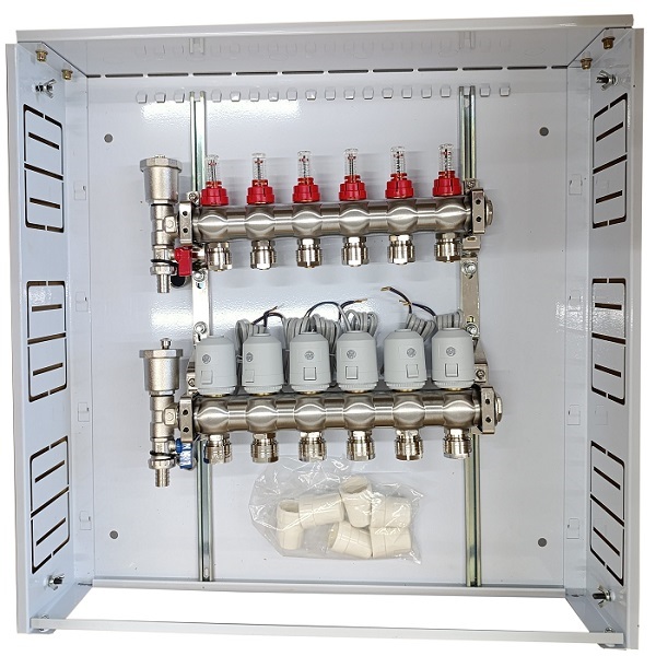Grindinio šildymo kolektorius 6 kontūrų su terminėmis pavaromis NC AC230V ir debitomačiais