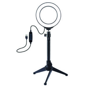 LED žiedinė lempa 12cm, su trikoju staliniu stovu iki 24.5cm, USB