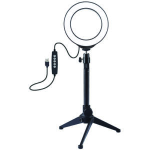 LED žiedinė lempa 12cm, su trikoju staliniu stovu iki 24.5cm, USB, RGBW