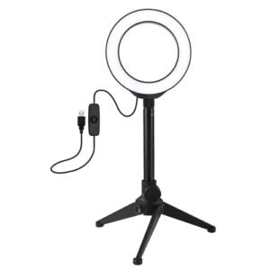 LED žiedinė lempa 12cm, su trikoju staliniu stovu iki 21.8cm, USB,
