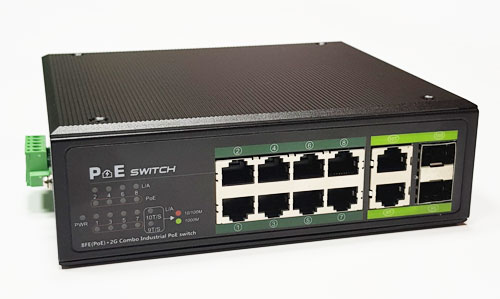 Industrinis PoE šakotuvas 100Mbps 8portų+2G uplink RJ45 arba SFP portai, -40 °C, IEEE802.3af/at